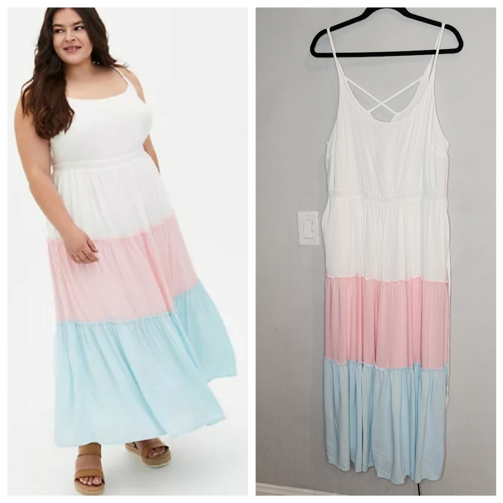 Torrid Maxi Challis Tiered Dress Sleeveless Rayon Pockets White Pink Blue Sz 1X